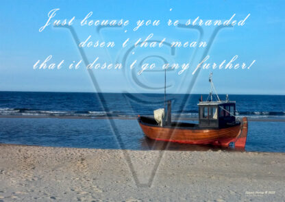 Poster with fishing boat on the beach, calm sea and bright blue sky